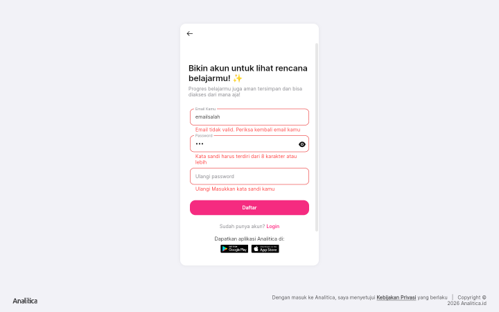 Formulir pendaftaran dengan tiga pesan merah: email tidak valid, kata sandi harus 8 karakter atau lebih, dan kolom ulangi password yang belum diisi.