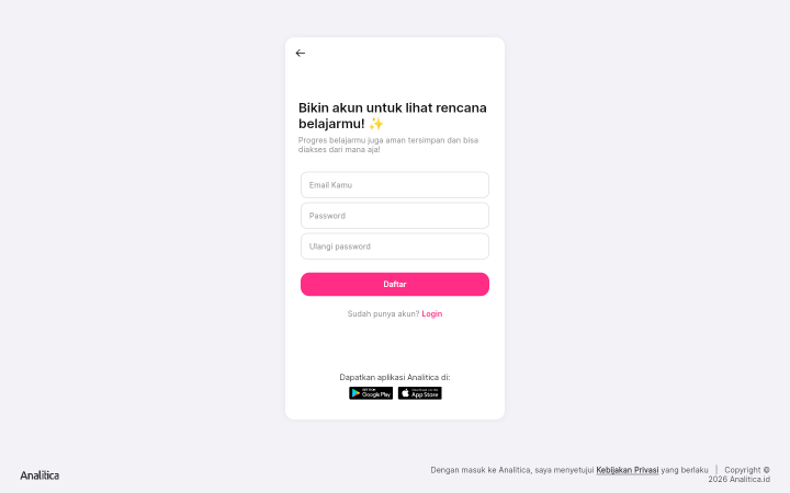 Formulir pendaftaran email dengan kolom Email Kamu, Password, Ulangi Password, dan tombol Daftar.