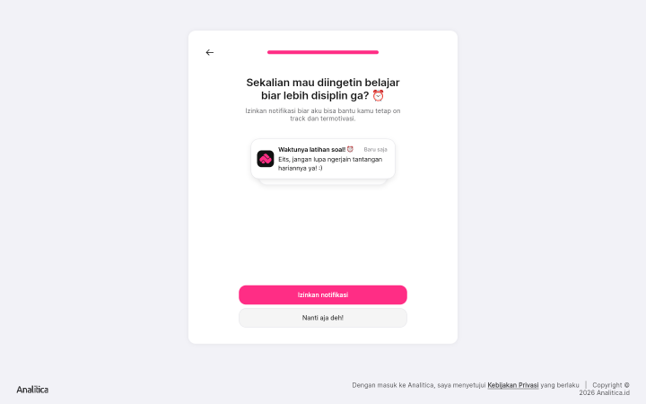 Layar permintaan izin notifikasi dengan tombol Izinkan notifikasi dan Nanti aja deh.
