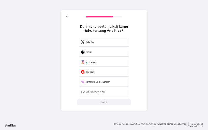 Layar Dari mana pertama kali kamu tahu tentang Analitica dengan pilihan X/Twitter, TikTok, Instagram, YouTube, dan lainnya.