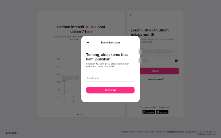 Jendela Pemulihan akun berisi satu kolom Email kamu dan tombol Kirim Email.