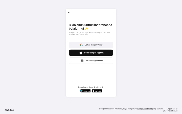 Layar Bikin akun dengan tombol Daftar dengan Google, Daftar dengan Apple ID, dan Daftar dengan Email.