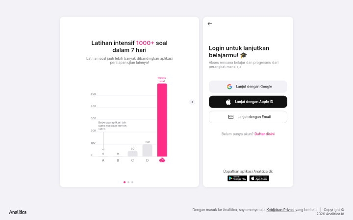 Bagian login Analitica dengan tombol Lanjut dengan Google, Lanjut dengan Apple ID, dan Lanjut dengan Email.