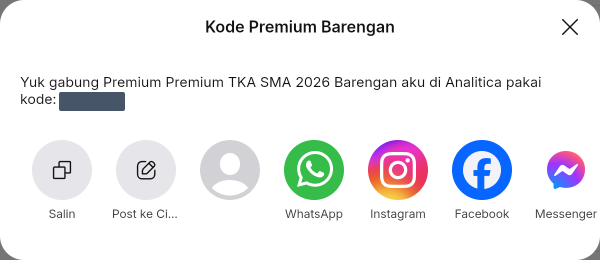 Dialog Kode Premium Barengan menampilkan pesan undangan, kode, dan pilihan Salin serta WhatsApp.