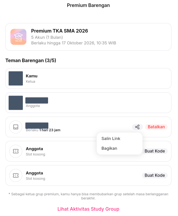 Menu di samping kode undangan menampilkan pilihan Salin Link dan Bagikan.