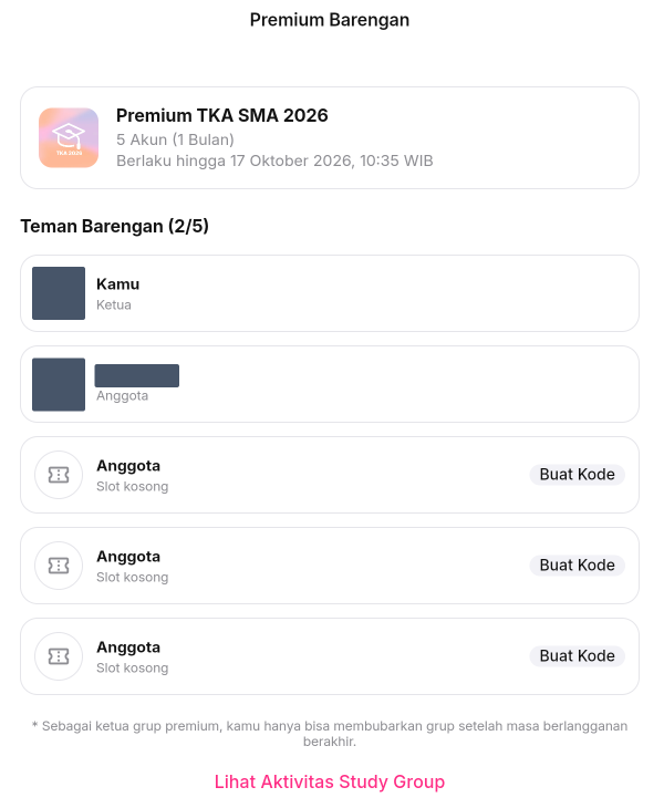 Halaman Premium Barengan pada akun Ketua menampilkan anggota grup dan tiga slot kosong dengan tombol Buat Kode.