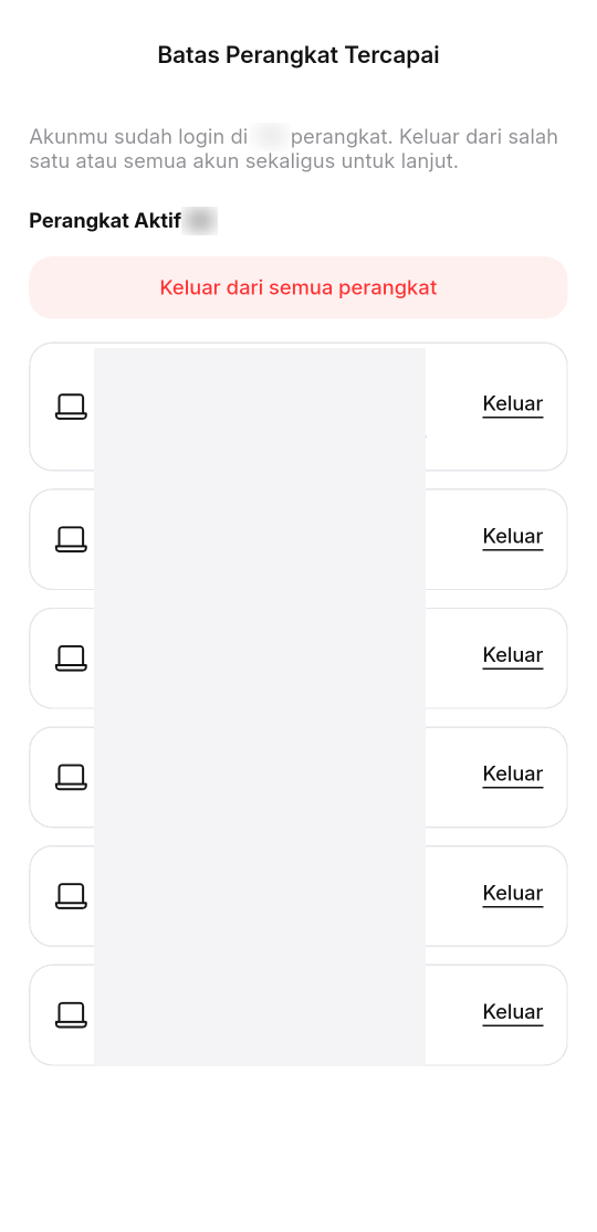 Layar Batas Perangkat Tercapai di aplikasi HP dengan tombol Keluar dari semua perangkat dan daftar Perangkat Aktif yang masing-masing punya tombol Keluar. Nama dan lokasi perangkat disamarkan.