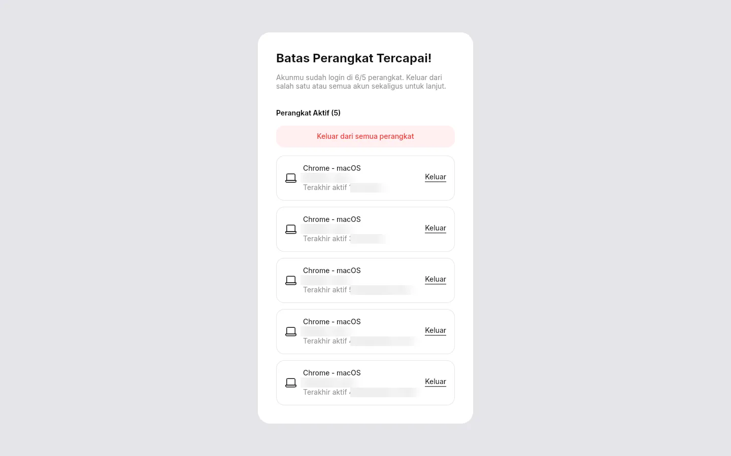 Layar Batas Perangkat Tercapai dengan daftar Perangkat Aktif, tombol Keluar dari semua perangkat, dan tautan Keluar di tiap baris perangkat.