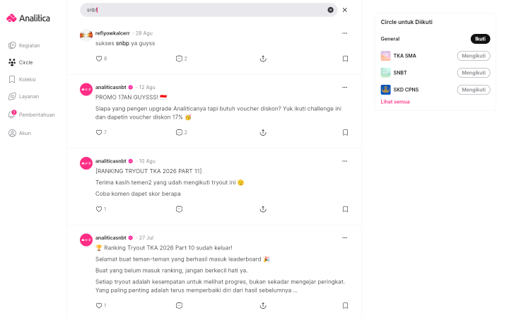 Umpan Circle dengan empat postingan, masing-masing punya baris aksi berisi ikon suka, komentar, bagikan, dan ikon bookmark di ujung kanan.
