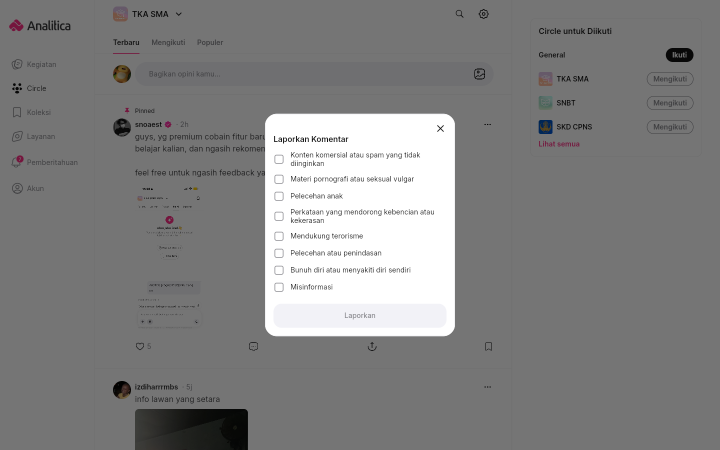 Jendela berjudul Laporkan Komentar berisi delapan alasan dengan kotak centang, mulai dari konten komersial atau spam sampai misinformasi, dan tombol Laporkan yang masih berwarna abu-abu.