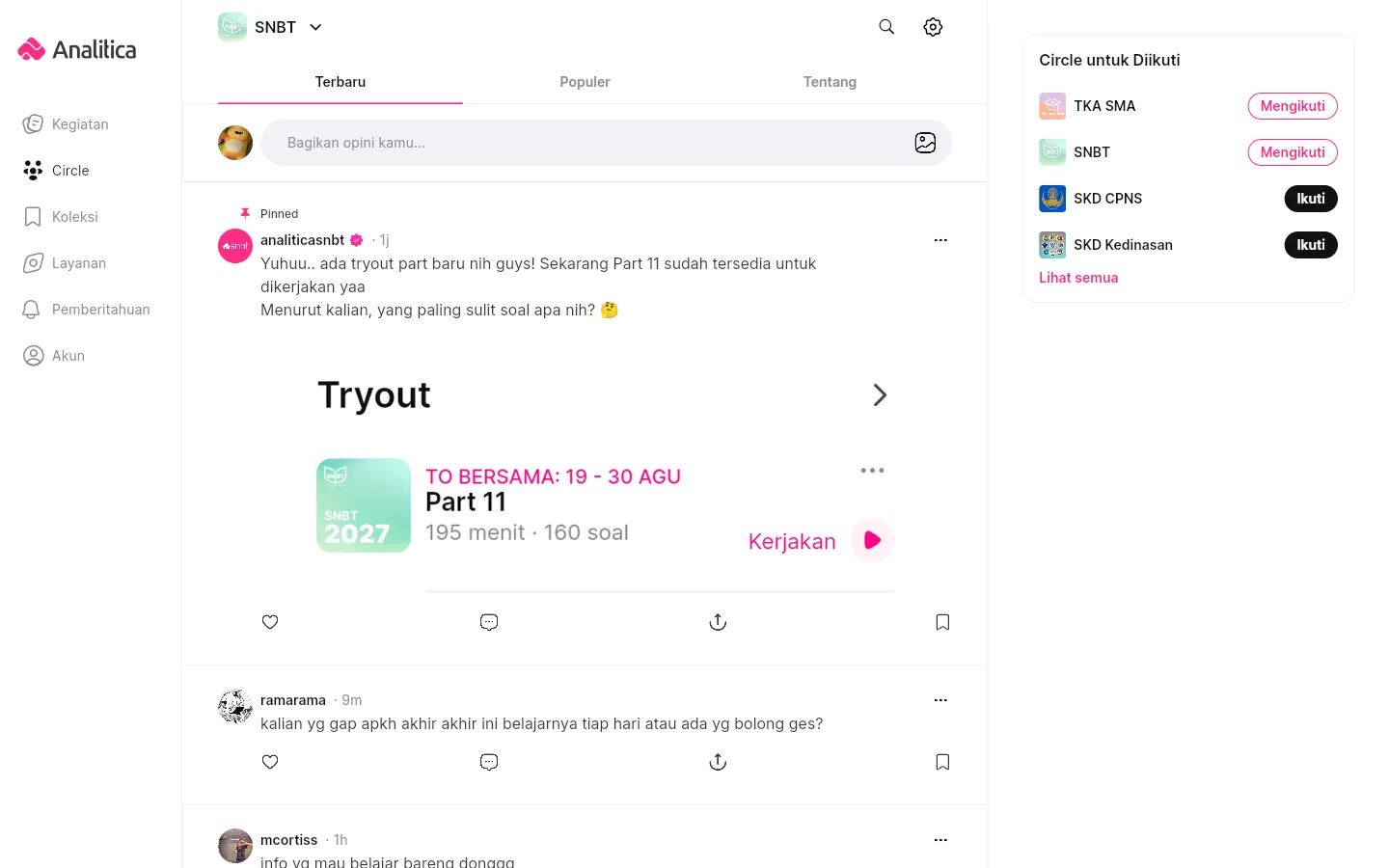 Tampilan feed Circle SNBT dengan tab navigasi, kotak membuat postingan, dan rekomendasi Circle di panel kanan.