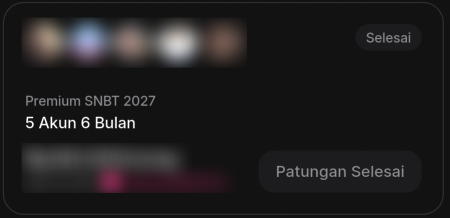 Kartu patungan di postingan Circle dengan chip Selesai, tulisan Premium SNBT 2027 dan 5 Akun 6 Bulan, serta tombol abu-abu Patungan Selesai.