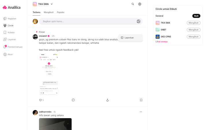 Postingan di Circle dengan menu tiga titik terbuka dan satu pilihan bernama Laporkan.