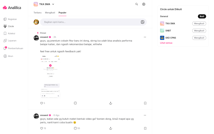 Halaman Circle TKA SMA dengan tab Terbaru, Mengikuti, dan Populer, kotak Bagikan opini kamu, serta satu postingan bertanda Pinned.