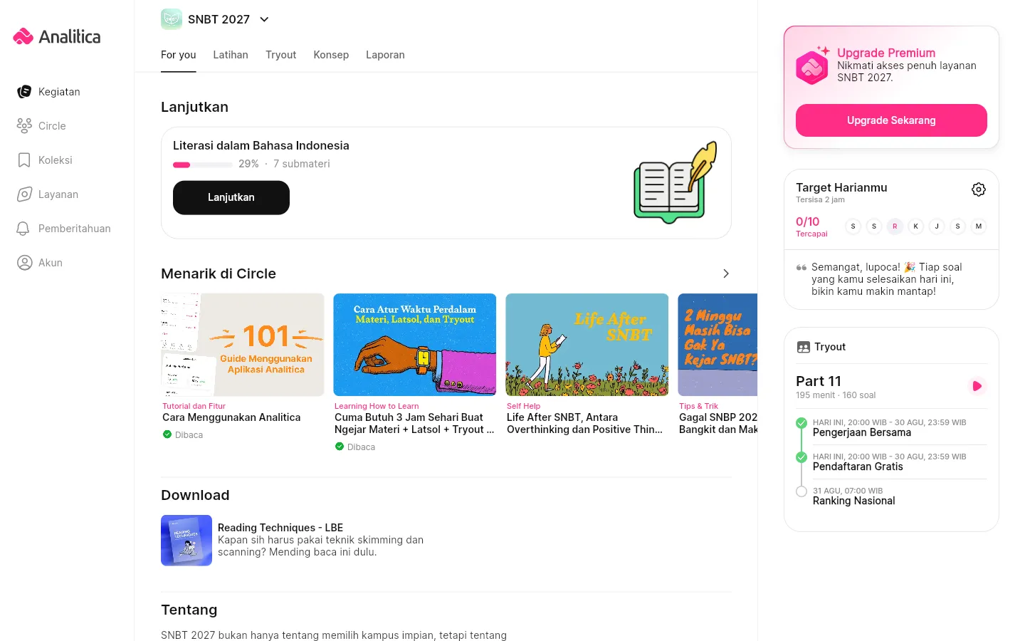 Bagian Download pada tab For You Kegiatan SNBT 2027 yang berisi file materi unduhan.