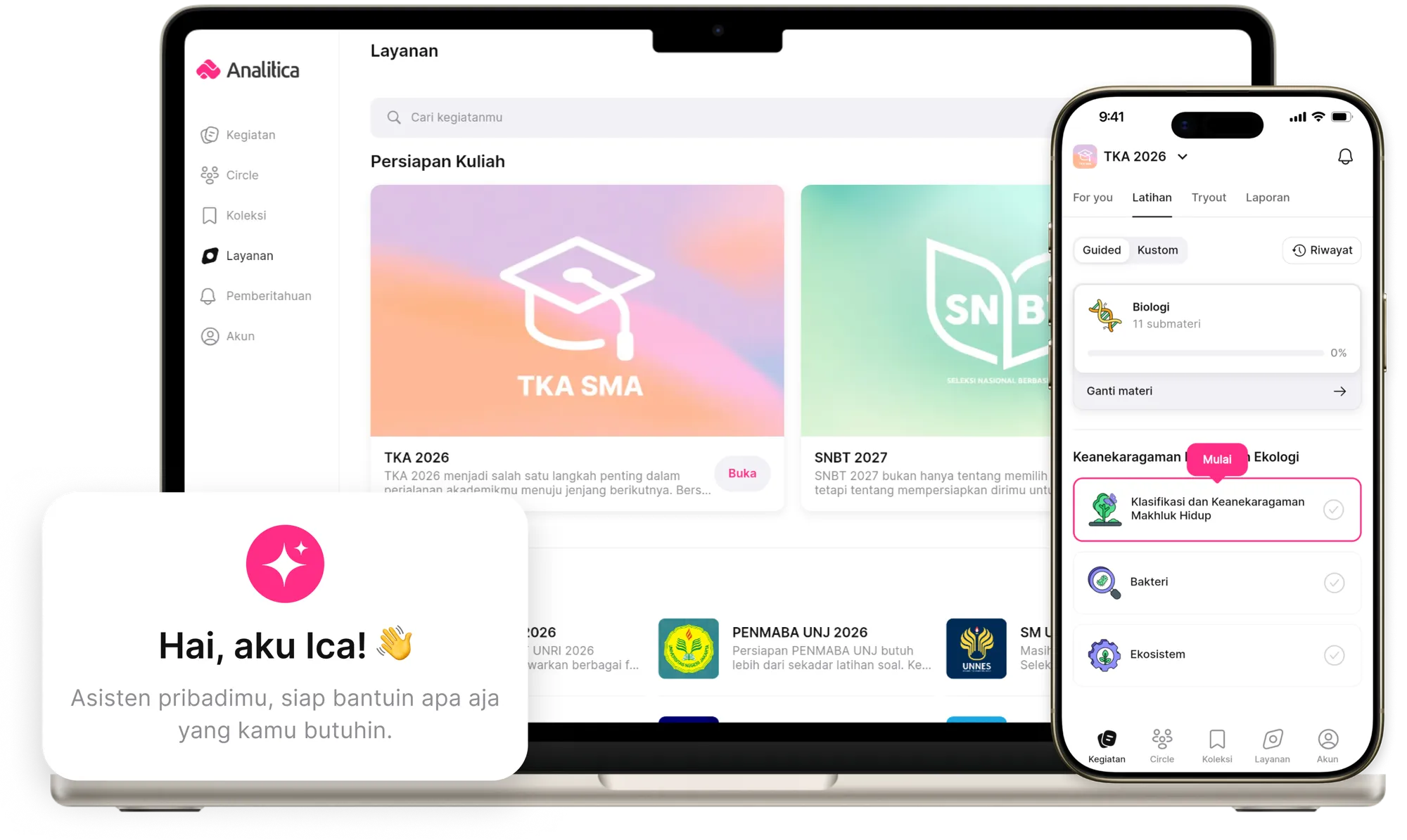 Aplikasi Analitica terbuka di laptop dan ponsel