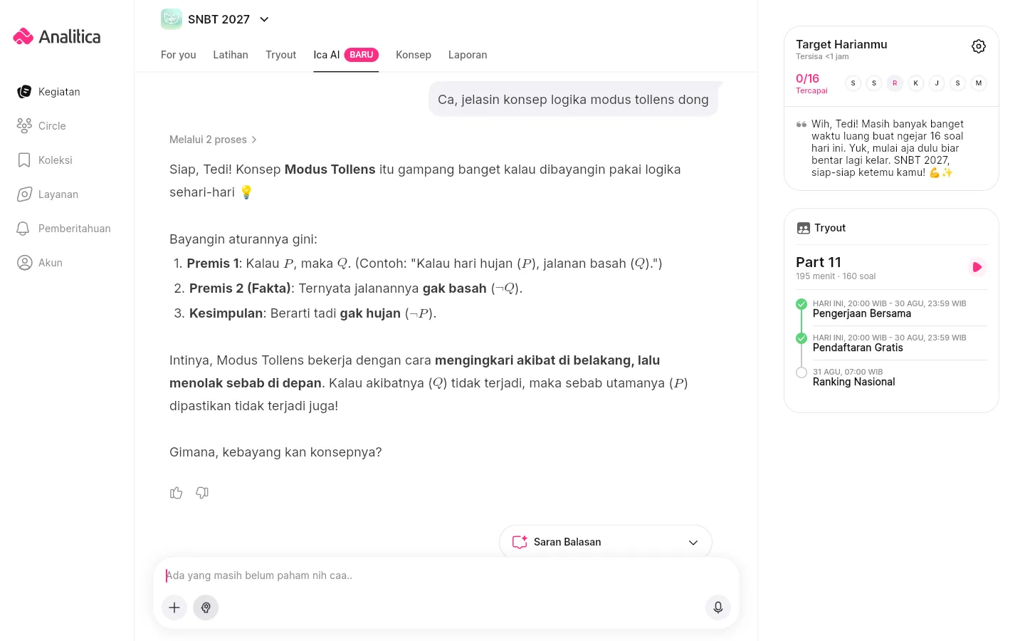 Contoh penjelasan konsep logika di tab Ica AI.