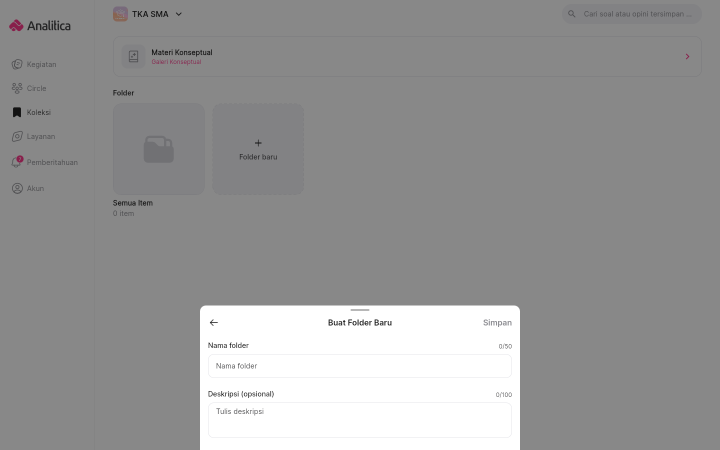 Jendela Buat Folder Baru dengan kolom Nama folder berbatas 50 karakter dan Deskripsi opsional berbatas 100 karakter.