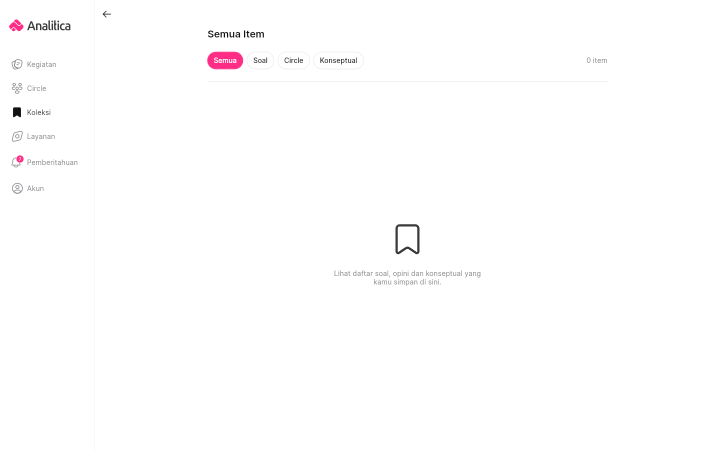 Isi folder Semua Item dengan tombol penyaring Semua, Soal, Circle, dan Konseptual serta penghitung nol item.