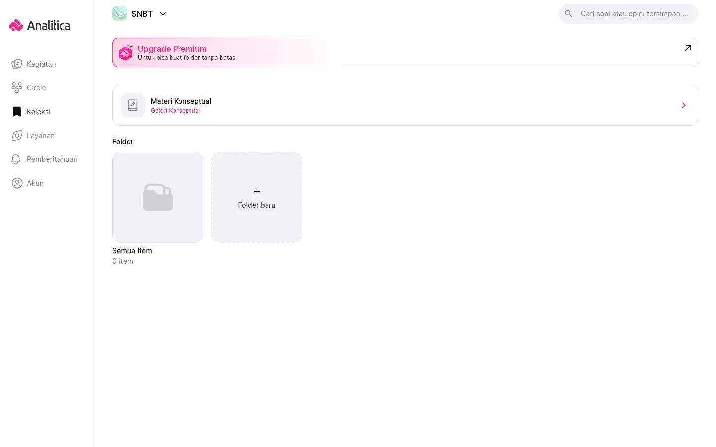 Halaman Koleksi SNBT yang menampilkan daftar folder materi dan tombol untuk membuat folder baru.