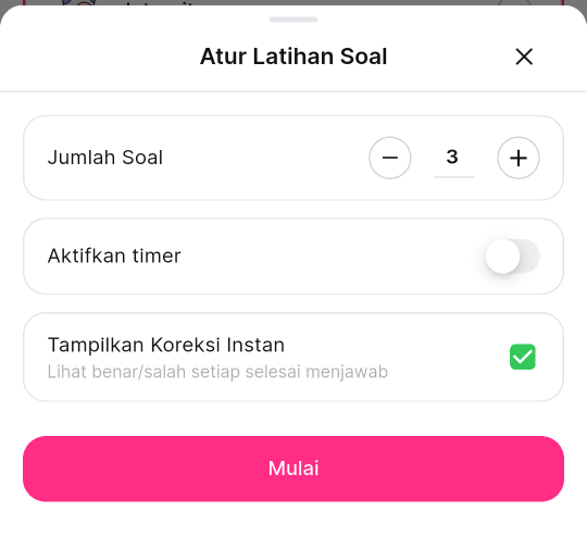 Lembar Atur Latihan Soal di aplikasi HP dengan pengatur Jumlah Soal bernilai 3, sakelar Aktifkan timer mati, kotak centang Tampilkan Koreksi Instan tercentang, dan tombol Mulai.
