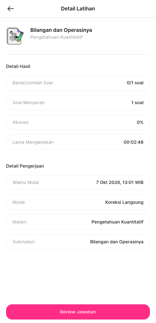 Halaman Detail Latihan di aplikasi HP dengan Detail Hasil, Detail Pengerjaan, dan tombol Review Jawaban di bagian bawah layar.