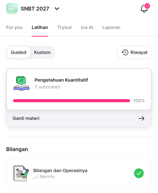 Tab Latihan di aplikasi HP pada layanan SNBT 2027, mode Guided aktif. Kartu paling atas berisi Pengetahuan Kuantitatif, 7 submateri, progres 100%, dan baris Ganti materi dengan panah ke kanan di bawahnya.