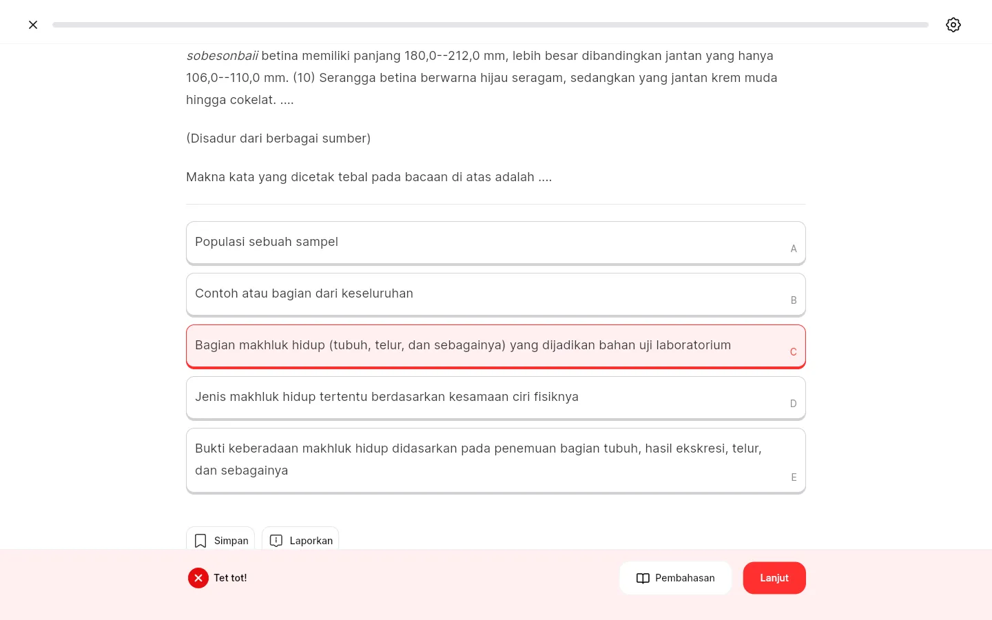 Tampilan bar feedback setelah memilih jawaban dengan Koreksi langsung.