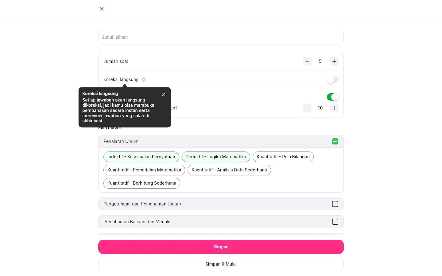 Tooltip penjelasan fungsi toggle Koreksi langsung.