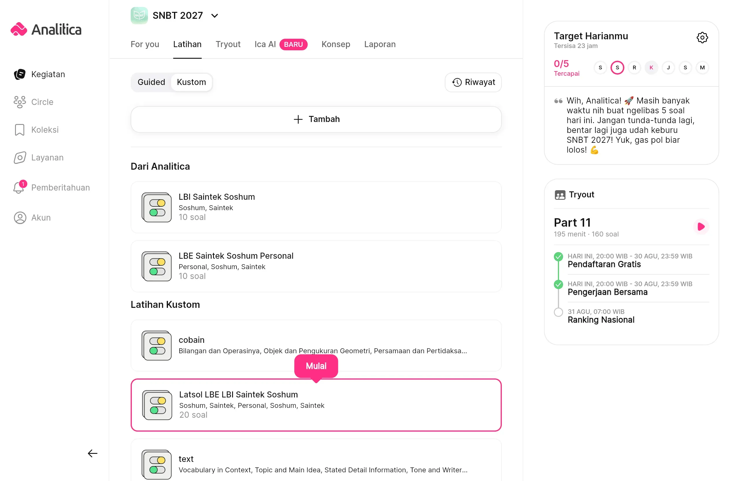 Tampilan tab Kustom dengan preset Analitica dan tombol Tambah.