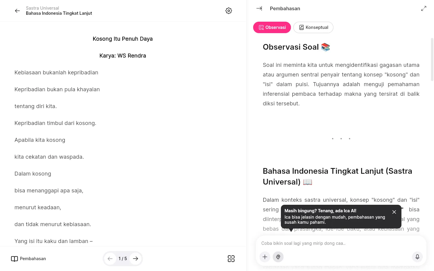 Bagian Pembahasan tab Observasi berisi Observasi Soal dan pembahasan panjang, dengan kolom chat Ica AI di bagian bawahnya.