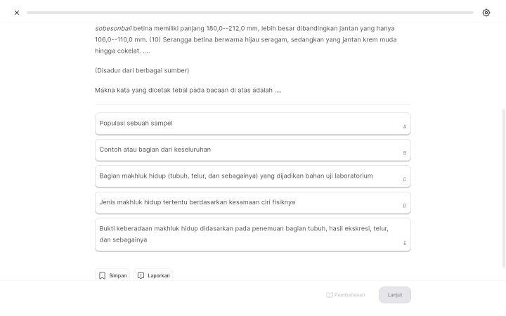 Layar pengerjaan soal dengan pilihan jawaban berhuruf A sampai E, tombol Simpan dan Laporkan di bawahnya, serta tombol Pembahasan dan Lanjut di bagian bawah layar.