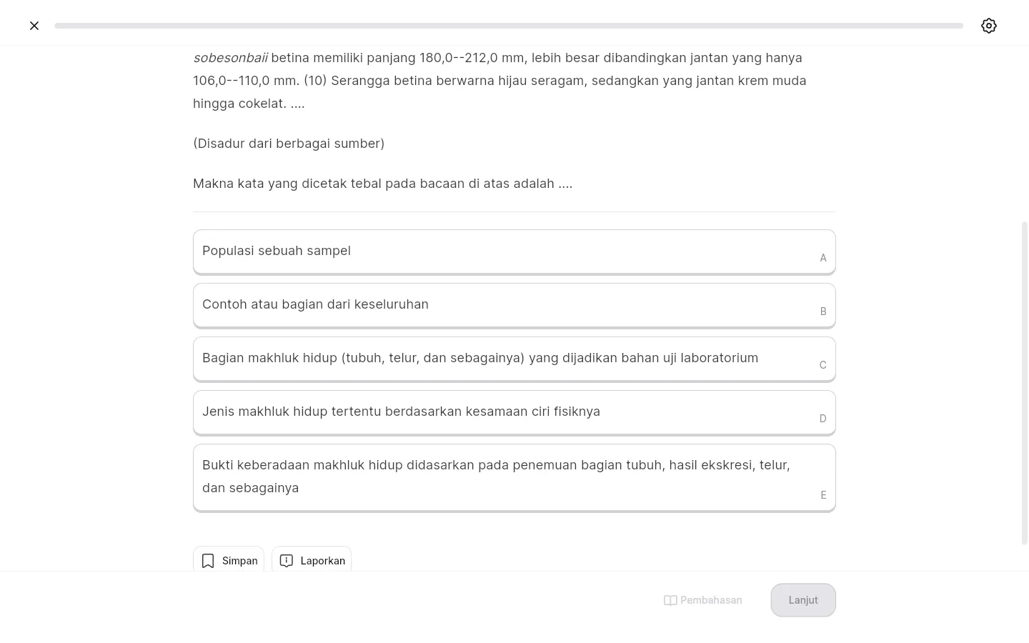 Layar pengerjaan soal dengan pilihan jawaban berhuruf A sampai E, tombol Simpan dan Laporkan di bawahnya, serta tombol Pembahasan dan Lanjut di bagian bawah layar.