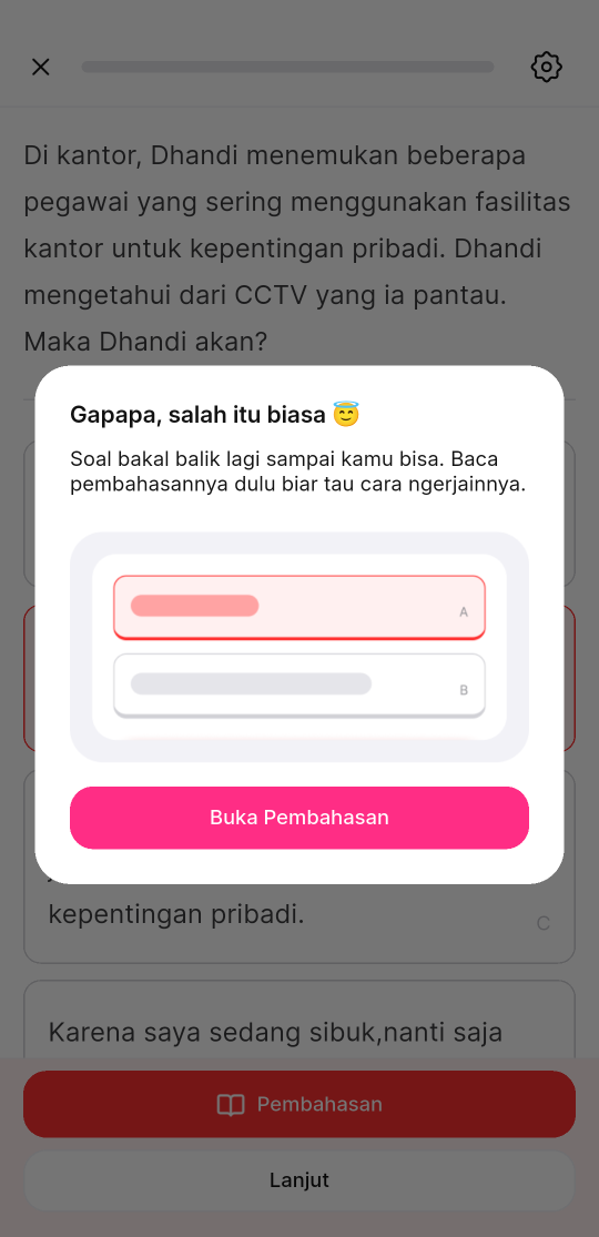 Dialog Gapapa, salah itu biasa di atas layar soal, berisi penjelasan singkat, ilustrasi pilihan jawaban, dan tombol Buka Pembahasan.