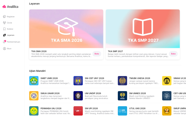 Kategori Tes Kompetensi Akademik berisi kartu TKA SMA 2026 dan TKA SMP 2027, diikuti kategori Ujian Mandiri.