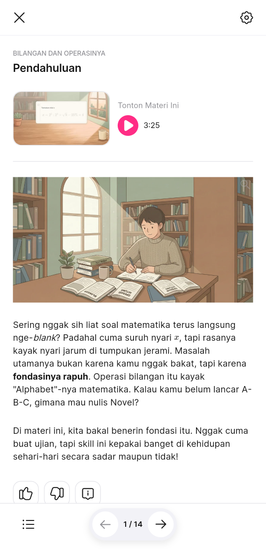 Halaman bacaan materi di aplikasi HP dengan judul Pendahuluan, kartu Tonton Materi Ini, ilustrasi, teks bacaan, dan bar bawah berisi ikon daftar isi serta panah kiri dan kanan dengan penanda 1 / 14.