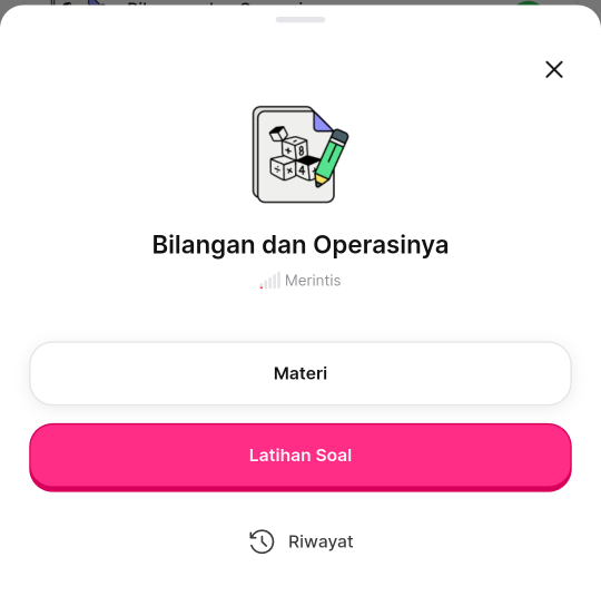 Lembar submateri Bilangan dan Operasinya di aplikasi HP dengan tombol Materi di atas Latihan Soal dan Riwayat.