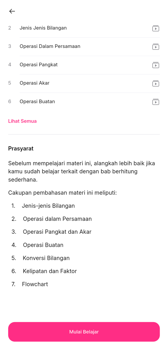 Bagian Prasyarat di layar pengantar materi pada aplikasi HP, berisi teks prasyarat, daftar cakupan materi, dan tombol Mulai Belajar.