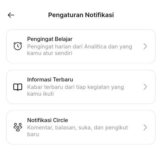 Halaman Pengaturan Notifikasi di aplikasi HP dengan tiga kartu: Pengingat Belajar, Informasi Terbaru, dan Notifikasi Circle.