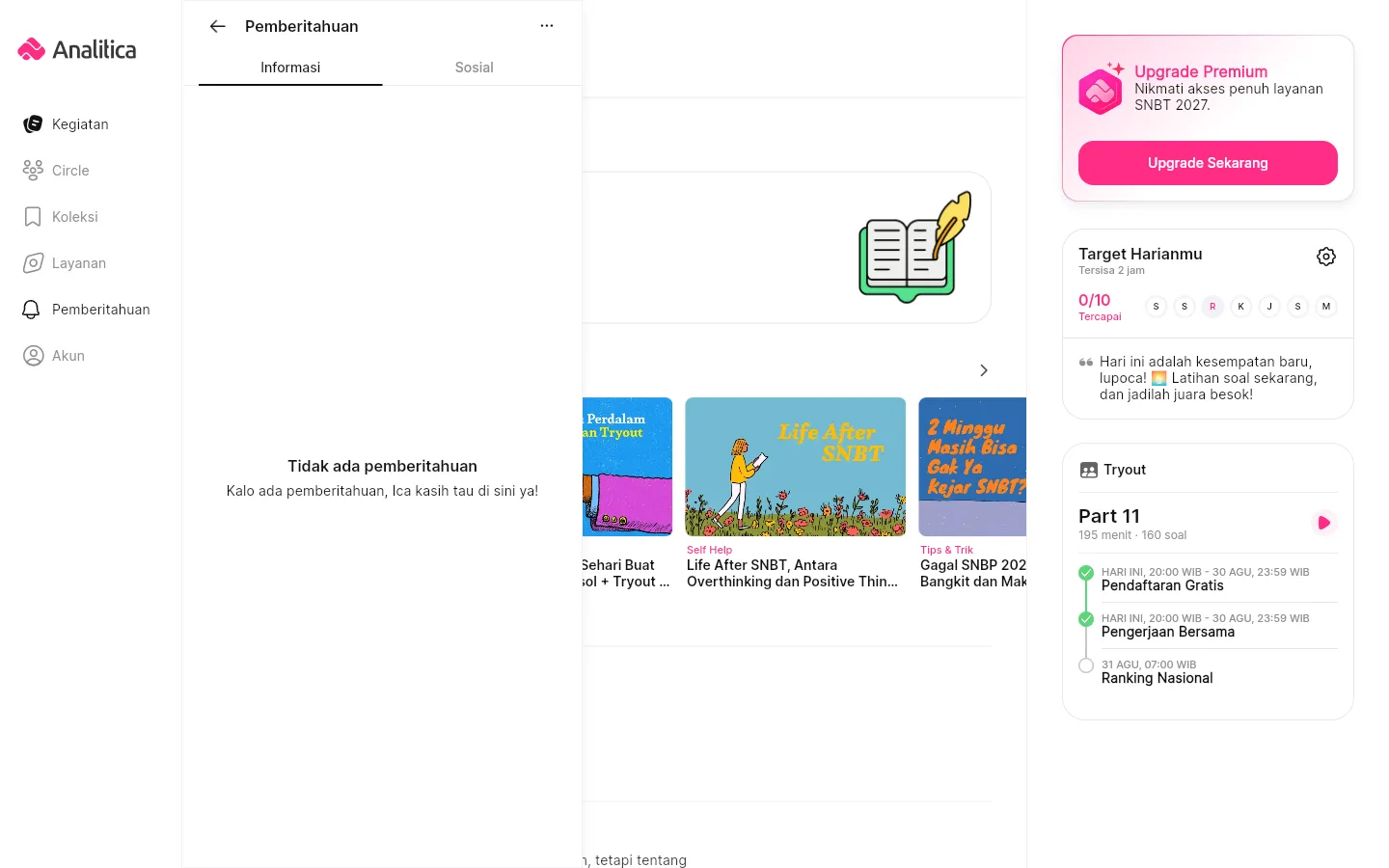 Panel pemberitahuan dengan tab Informasi dan Sosial dalam kondisi tidak ada pemberitahuan.