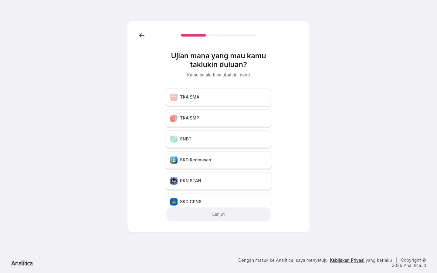 Halaman pemilihan target ujian pertama saat mendaftar akun baru di Analitica.