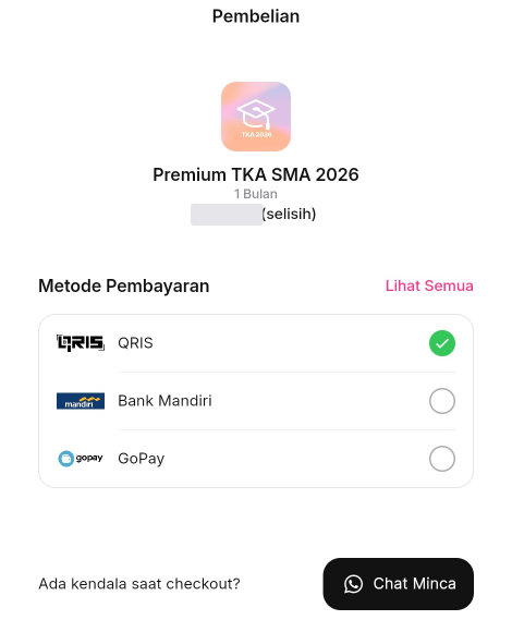 Halaman Pembelian menampilkan layanan, durasi, nominal bertanda selisih, dan pilihan metode pembayaran. Nominal disamarkan.