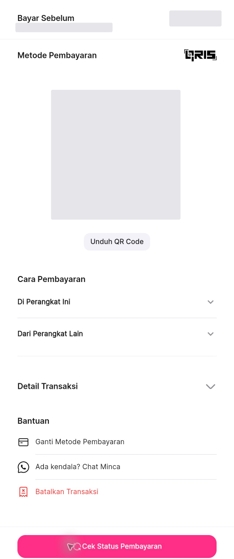 Contoh tagihan QRIS dengan batas Bayar Sebelum dan tombol Cek Status Pembayaran. Kode QR dan batas waktu contoh disamarkan.