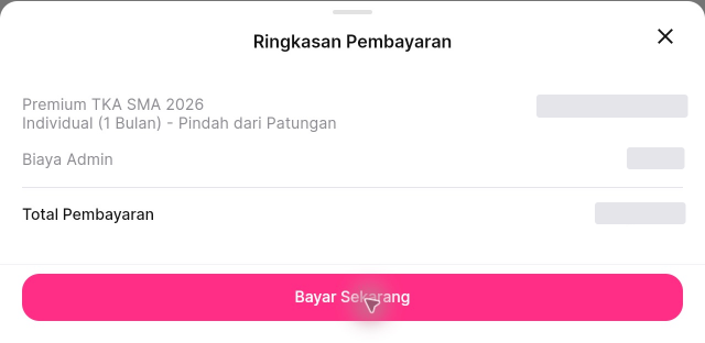 Ringkasan Pembayaran paket Individual dengan keterangan Pindah dari Patungan, Biaya Admin, dan Total Pembayaran. Nominal disamarkan.