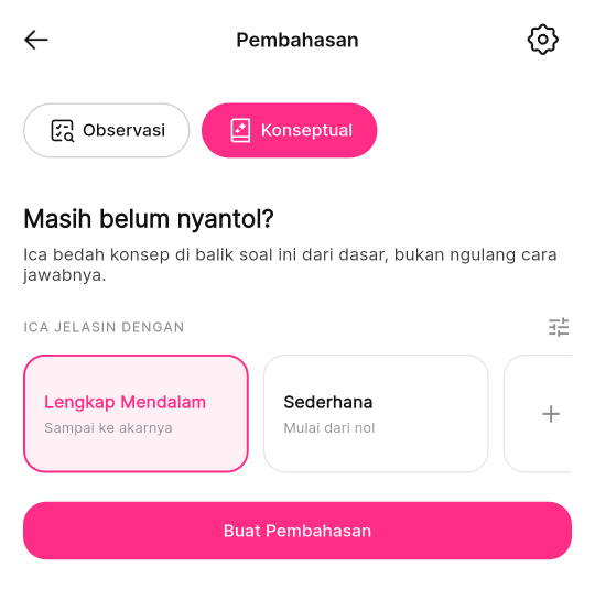 Halaman Pembahasan di aplikasi HP dengan tab Observasi dan Konseptual, tab Konseptual terpilih, pilihan gaya Lengkap Mendalam dan Sederhana, serta tombol Buat Pembahasan.