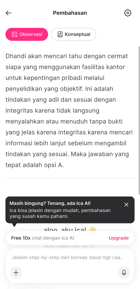 Halaman Pembahasan di aplikasi HP dengan tab Observasi terpilih di samping Konseptual, teks pembahasan, kartu Free 10x chat dengan Ica AI dengan tautan Upgrade, dan kolom chat Ica di bagian bawah.