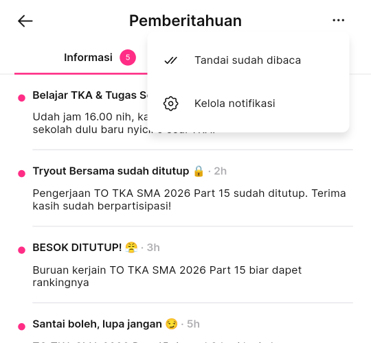 Halaman Pemberitahuan di aplikasi HP dengan tab Informasi terpilih dan menu ... terbuka, berisi Tandai sudah dibaca dan Kelola notifikasi.