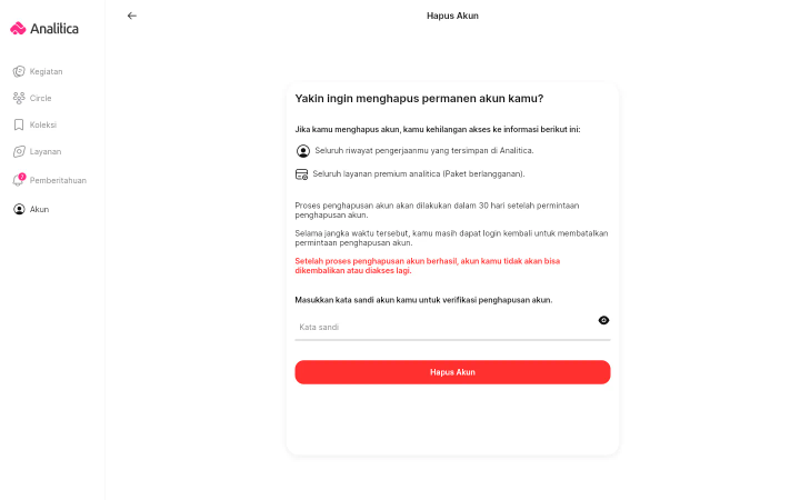 Layar Hapus Akun berisi pertanyaan Yakin ingin menghapus permanen akun kamu, dua baris keterangan data yang hilang, keterangan proses 30 hari, peringatan merah, kolom Kata sandi, dan tombol merah Hapus Akun.