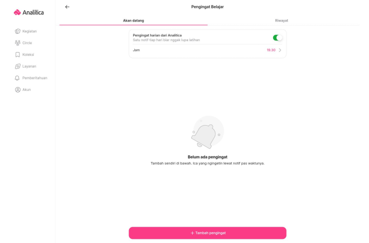 Halaman Pengingat Belajar dengan tab Akan datang dan Riwayat, pengingat harian, serta tombol Tambah pengingat.