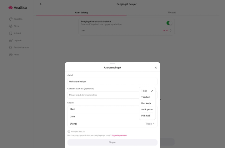 Menu Ulangi terbuka dengan pilihan Tidak, Tiap hari, Hari kerja, Akhir pekan, dan Pilih hari.